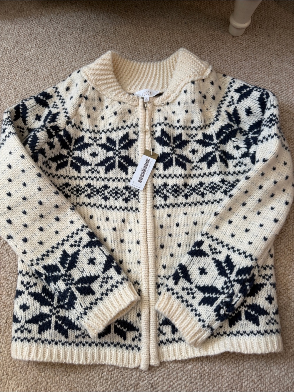 Lucca Cream & Black Nordic Zip-Front Knit Cardigan